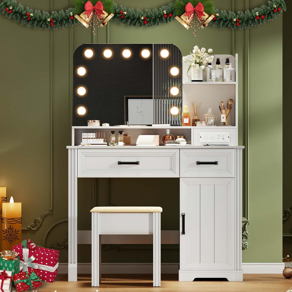 Lvifur Farmhouse Makeup Vanity Desk with Lighted Mirror, LED Vanity Table with Mirror and Lights, Dressing Table with Charging Station, Vanity Set with Storable Stool & Drawer, Gift for Girls (White)