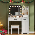 Lvifur Farmhouse Makeup Vanity Desk with Lighted Mirror, LED Vanity Table with Mirror and Lights, Dressing Table with Charging Station, Vanity Set with Storable Stool & Drawer, Gift for Girls (White)