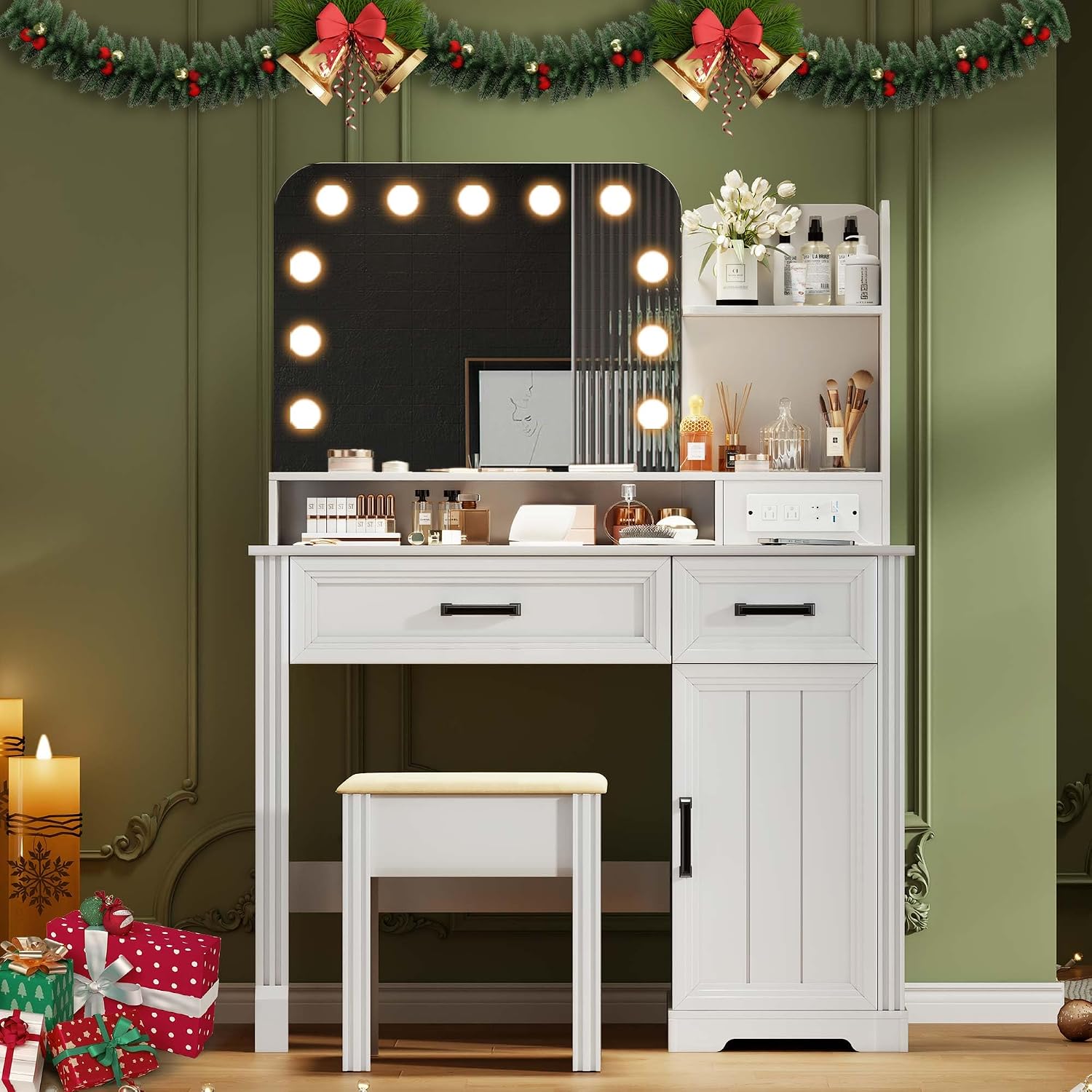Lvifur Farmhouse Makeup Vanity Desk with Lighted Mirror, LED Vanity Table with Mirror and Lights, Dressing Table with Charging Station, Vanity Set with Storable Stool & Drawer, Gift for Girls (White)