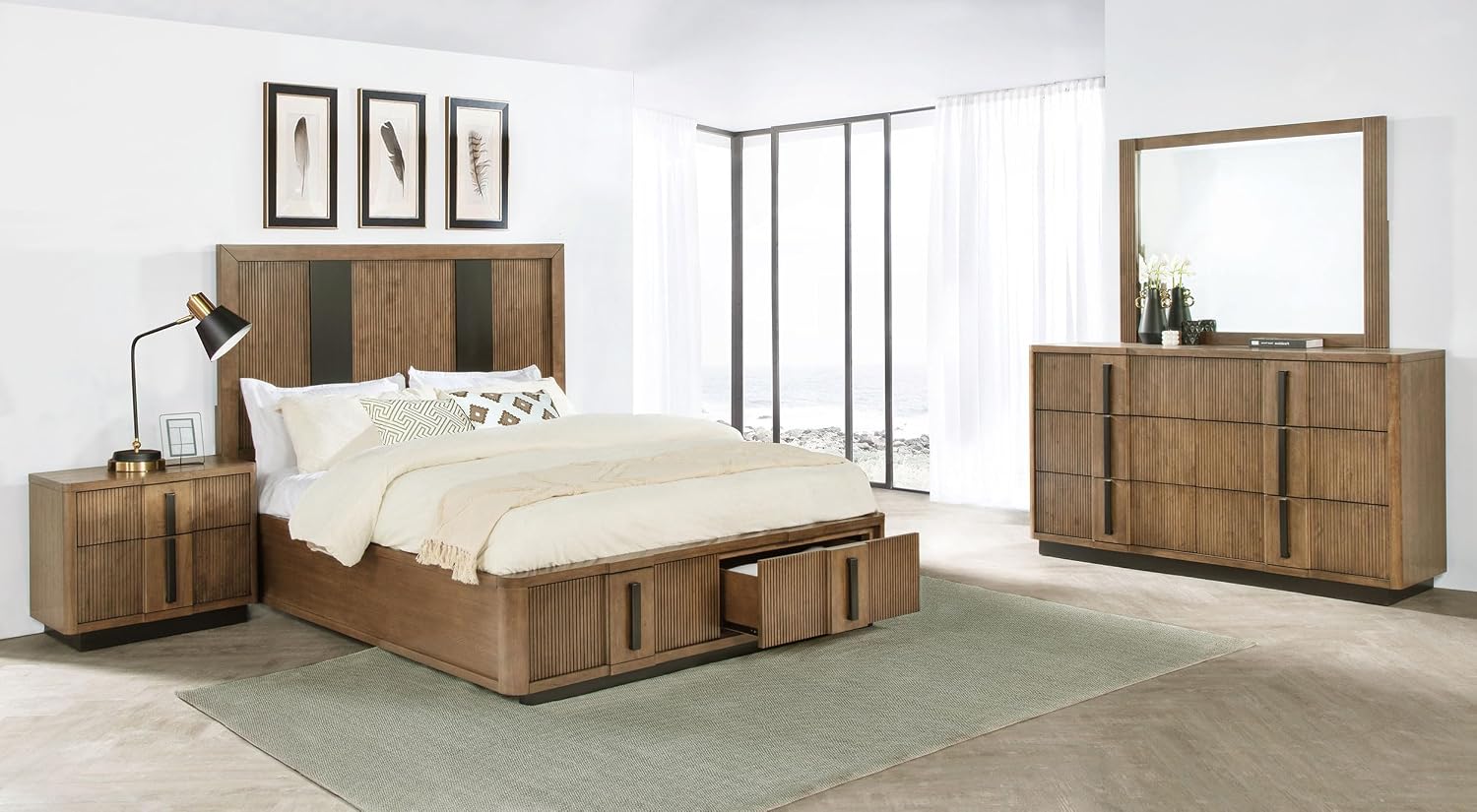 Coaster Home Furnishings Terrace Transitional 4-Piece Bedroom Set Eastern King Size Storage Panel Bed Frame 58-inch Headboard Ash Brown 224900KE-S4