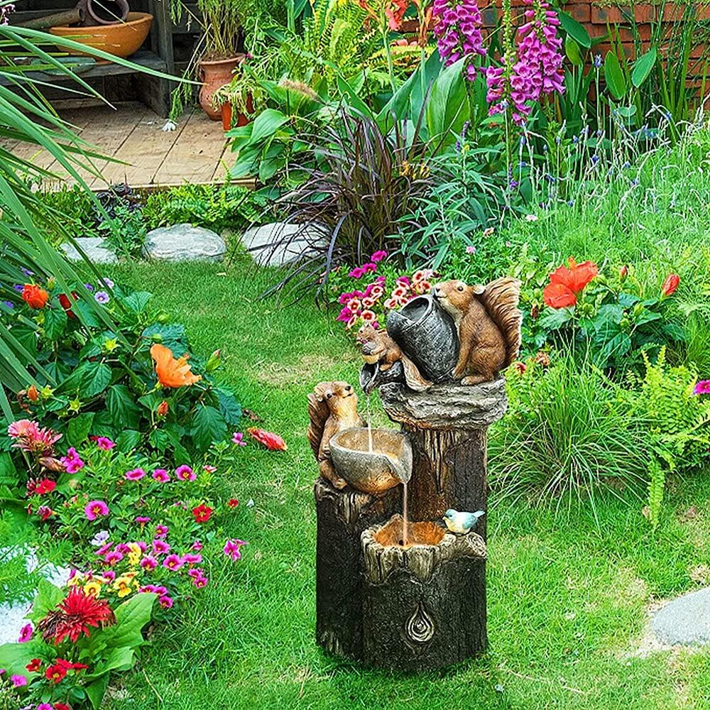 Tabletop Fountains Resin Squirrel Family Patio Fountain Garden Decoration Outdoor Landscape Garden Design for Home Garden Desktop Decoration Zen Meditation Indoor Waterfall