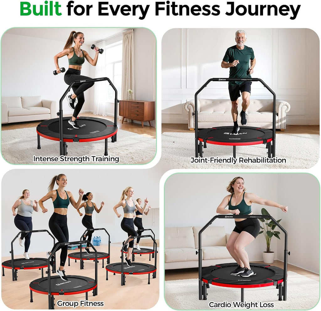 BCAN SP2 40/48' Foldable Mini Trampoline Max Load 330lbs/440lbs, Fitness Rebounder with Adjustable Foam Handle, Exercise Trampoline for Adults Indoor/Garden Workout | FED Fitness