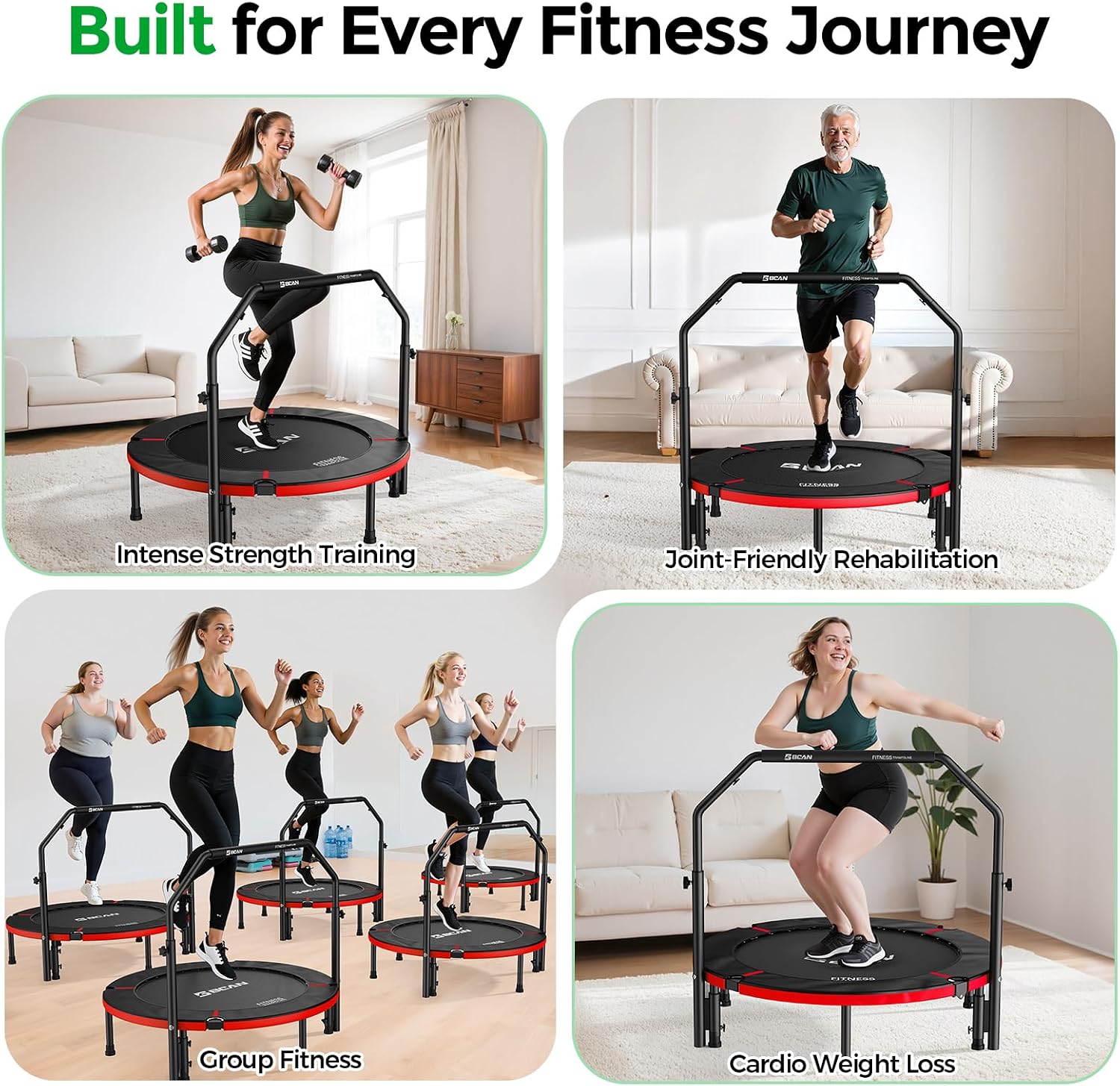 BCAN SP2 40/48' Foldable Mini Trampoline Max Load 330lbs/440lbs, Fitness Rebounder with Adjustable Foam Handle, Exercise Trampoline for Adults Indoor/Garden Workout | FED Fitness