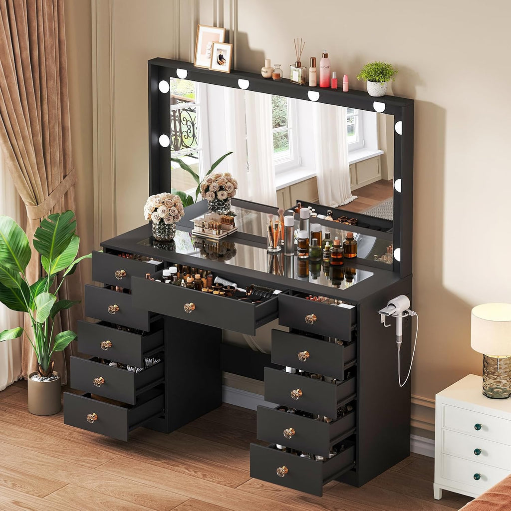 Vanity with Large Mirror and 10 LED Lights, Vanity Desk with Glasss Top, Makeup Desk with 11 Drawers & Power Outlet & Hair Dryer Stand, Dressing Table with Crystal Handles for Girls, Women (Black)
