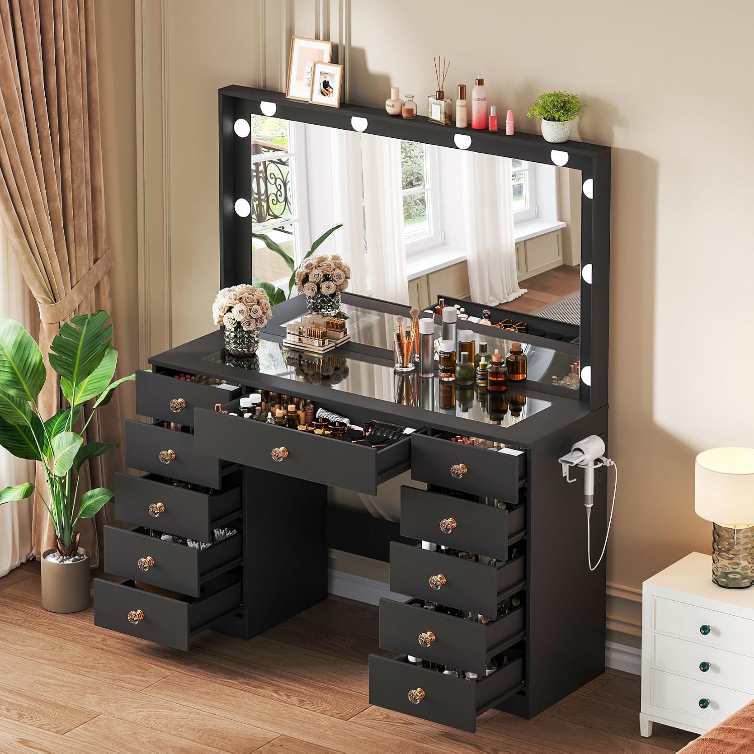 Vanity with Large Mirror and 10 LED Lights, Vanity Desk with Glasss Top, Makeup Desk with 11 Drawers & Power Outlet & Hair Dryer Stand, Dressing Table with Crystal Handles for Girls, Women (Black)