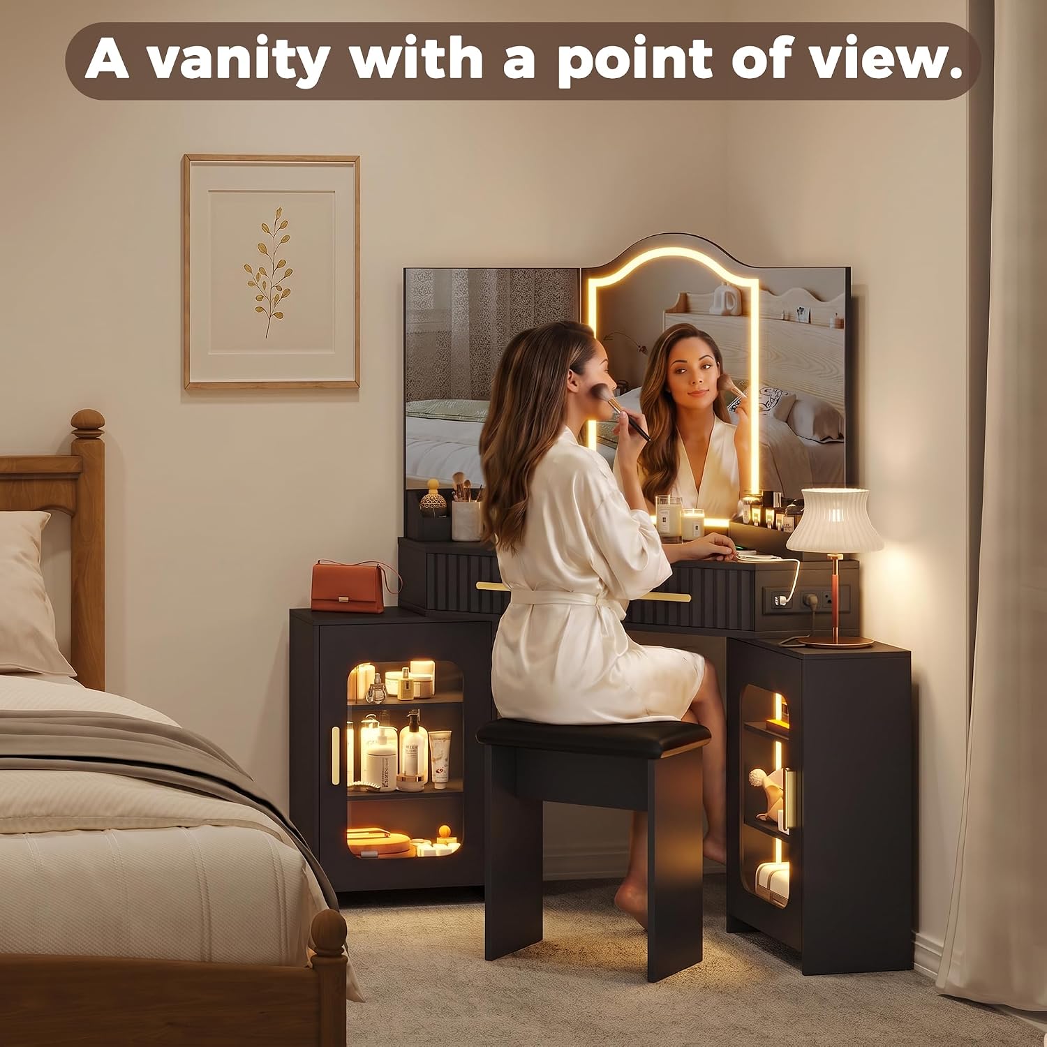 Corner Vanity Desk with 3 Way Mirror and Lights, 54' Modern Makeup Table Set with 2 Drawers & 2 Storage Cabinets, Charging Station, Stool, Large Bedroom Hexagonal Dressing Table (Matte Black)