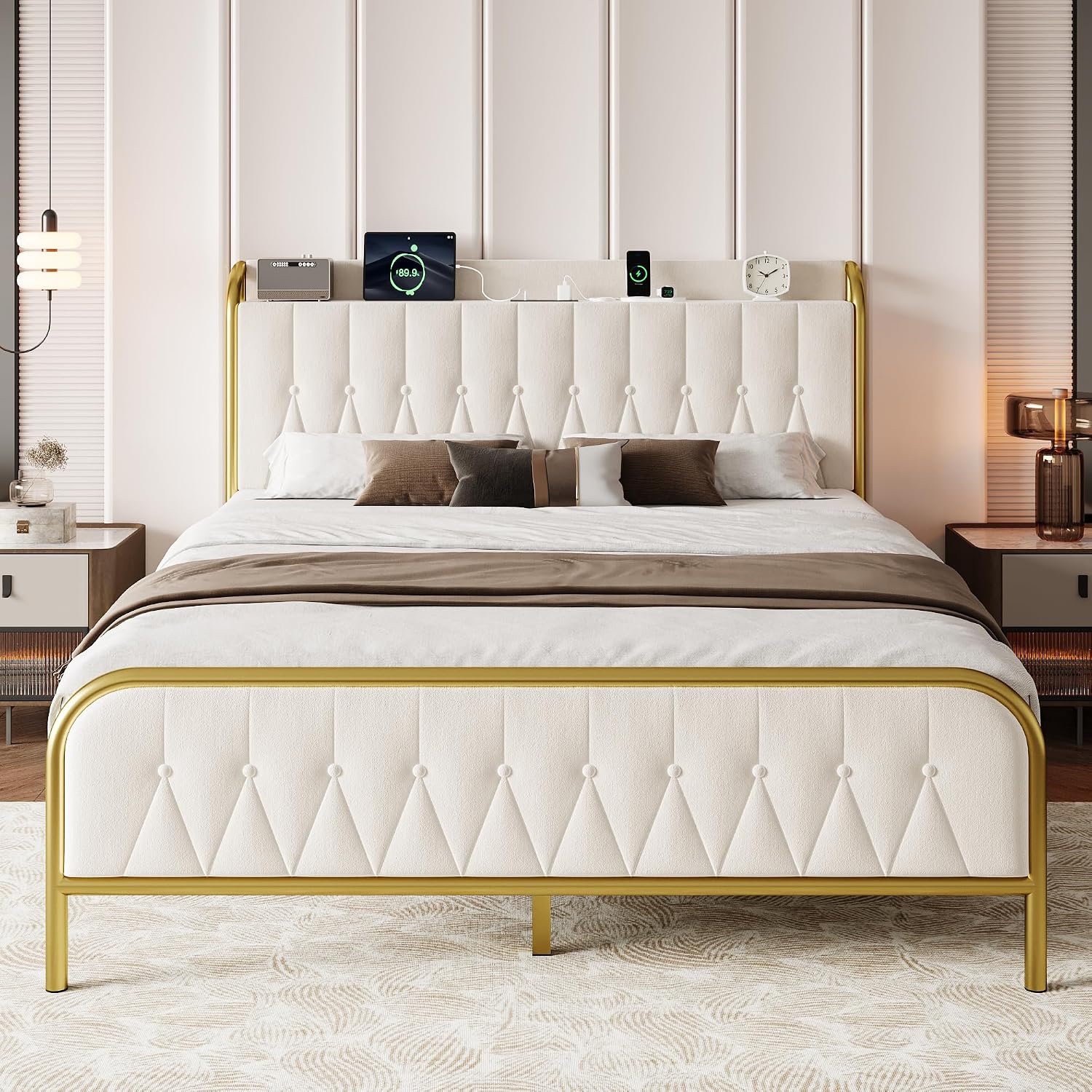iPormis Metal Bed Frame Queen Size with Charging Station, Velvet Upholstered Headboard and Footboard, Heavy Duty Steel Support, 12' Under Bed Storage, No Box Spring Needed, Easy Assembly, Beige
