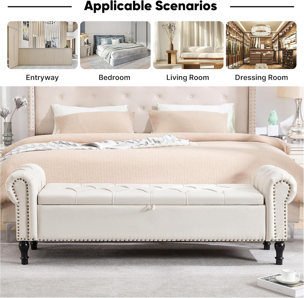 67 Inch Storage Bench for Bedroom, King Size End of Bed Bench, Upholstered Bench with Rolled Arms, Linen Tufted Button Storage Ottoman Benches, Living Room, Entryway, Beige