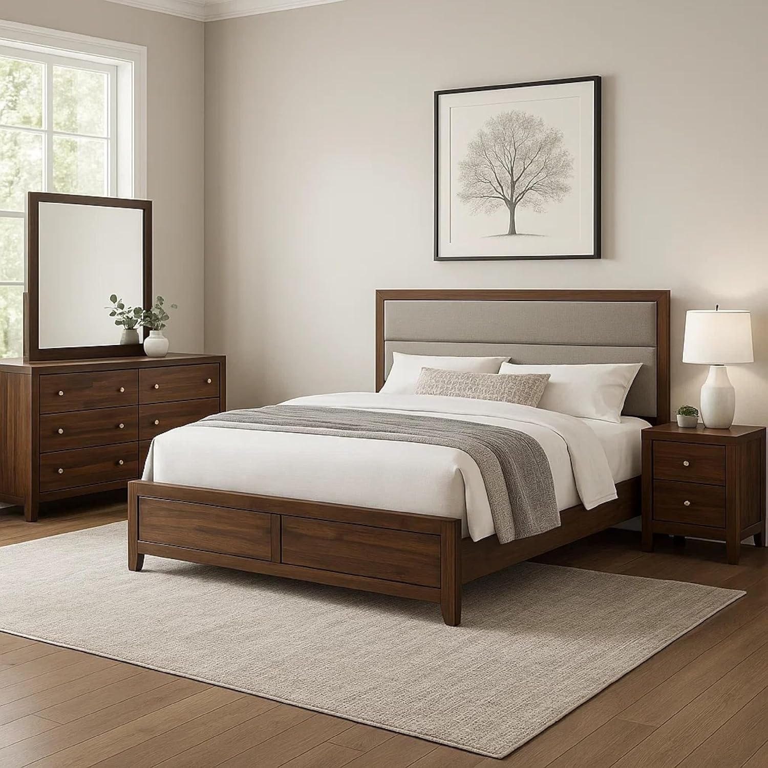 Benzara Yels 4 Piece King Bedroom Set, Gray Upholstery, Walnut Brown Wood