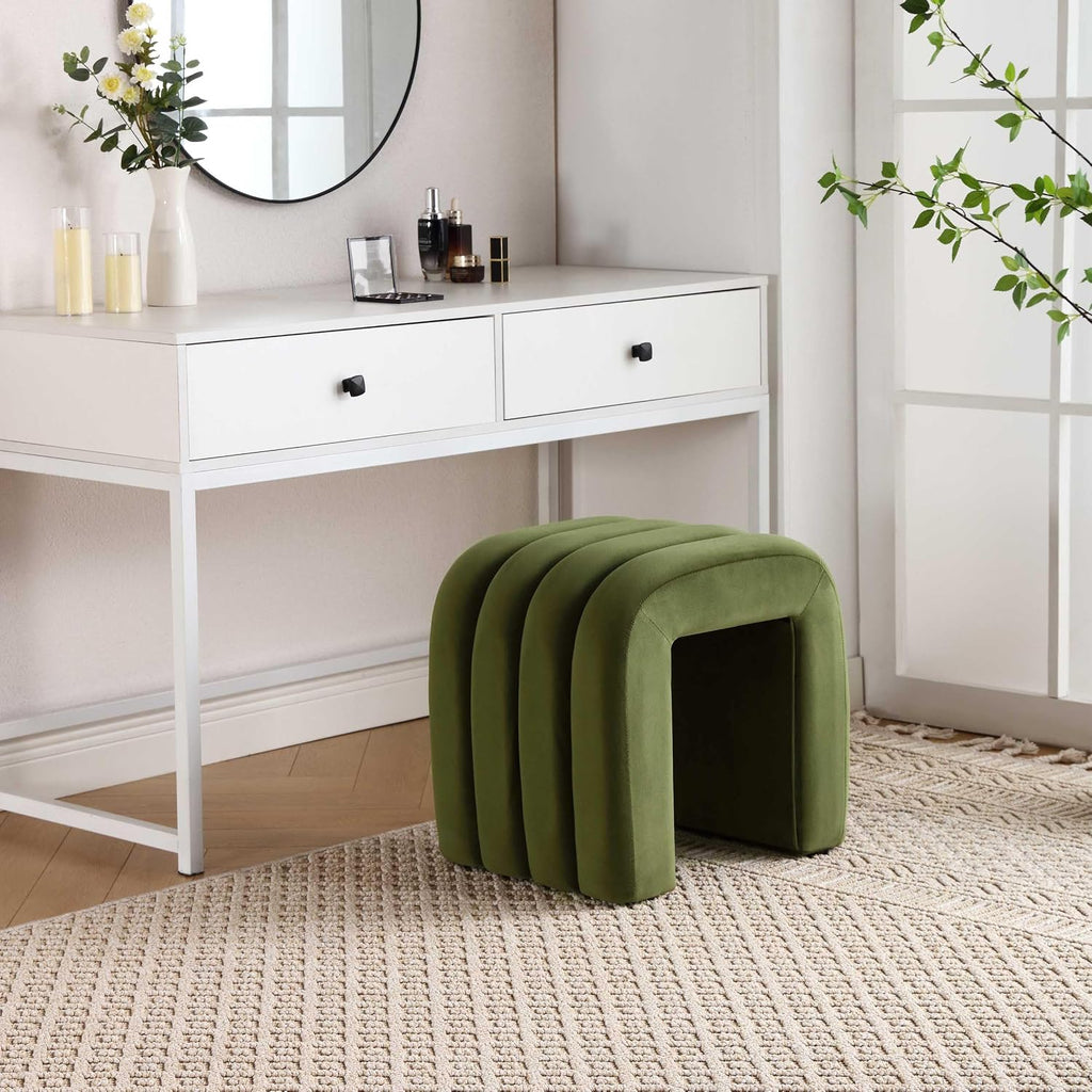 Flouki Ottoman Foot Stool with Channel Tufted, Small Ottoman Bench for Entryway, Modern Velvet Vanity Stool Chair, Upholstered Foot Rest Extra Seat for Living Room (Green, Set of 2)