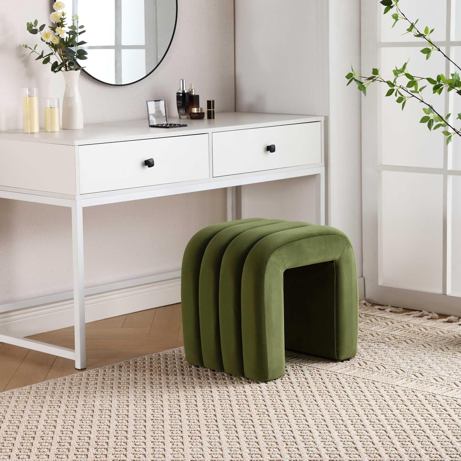 Flouki Ottoman Foot Stool with Channel Tufted, Small Ottoman Bench for Entryway, Modern Velvet Vanity Stool Chair, Upholstered Foot Rest Extra Seat for Living Room (Green, Set of 2)