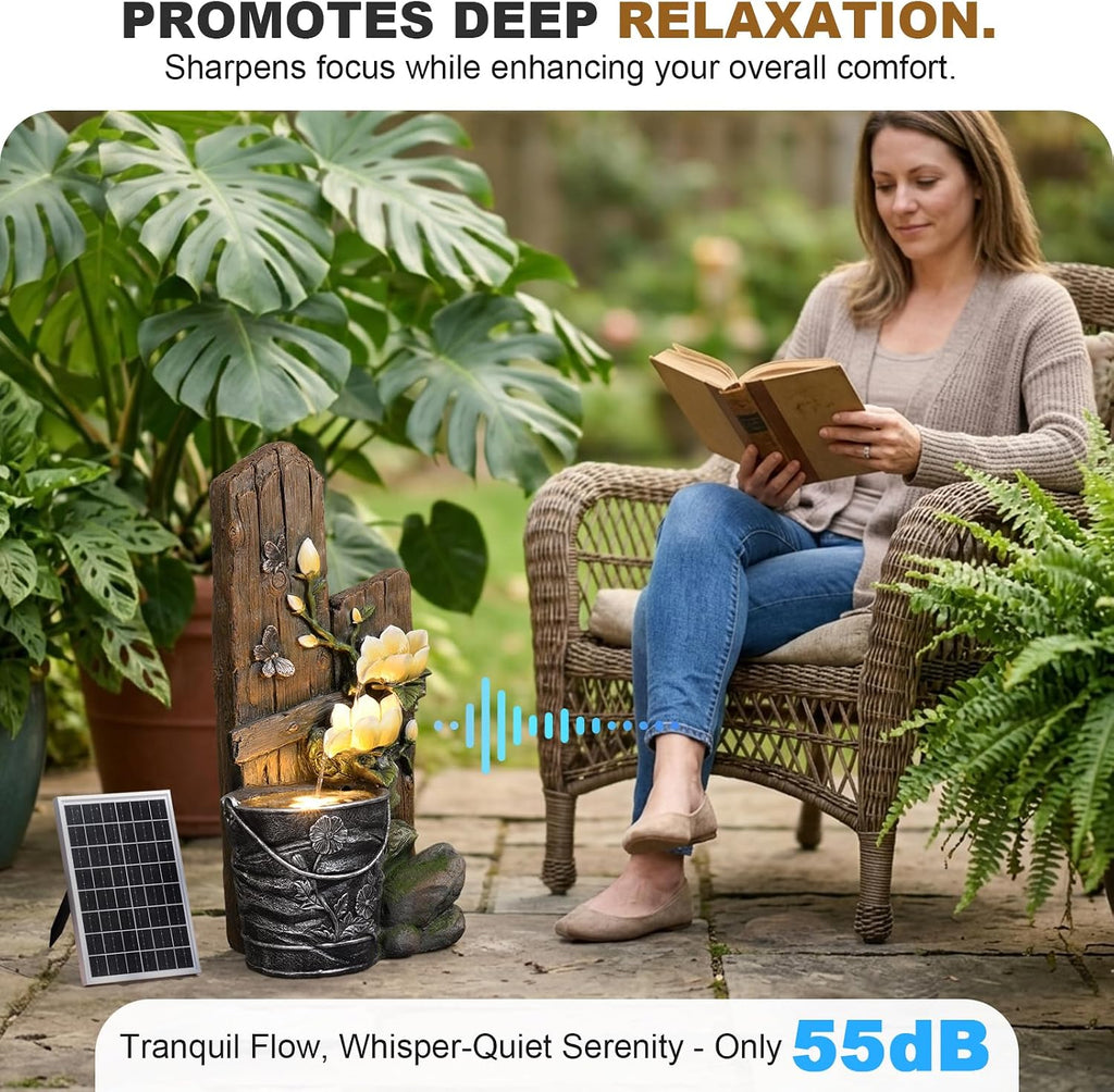 30.7' H Solar Water Fountain Outdoor Garden, Rustic Tiered Magnolia Flower & Bucket Waterfall with 4000mAh Battery Backup, Warm LED Lights & 5W Solar Panel for Patio, Porch, Backyard and Home Decor