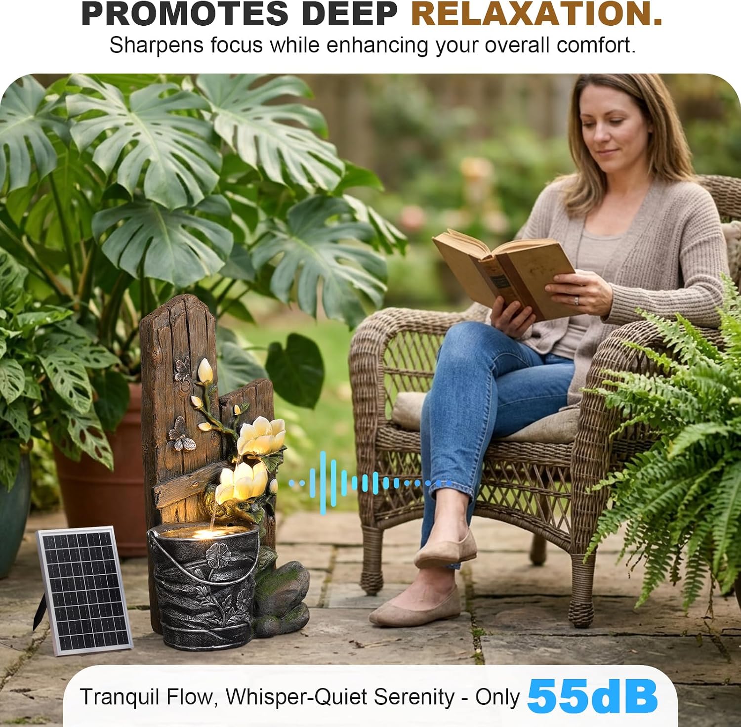 30.7' H Solar Water Fountain Outdoor Garden, Rustic Tiered Magnolia Flower & Bucket Waterfall with 4000mAh Battery Backup, Warm LED Lights & 5W Solar Panel for Patio, Porch, Backyard and Home Decor