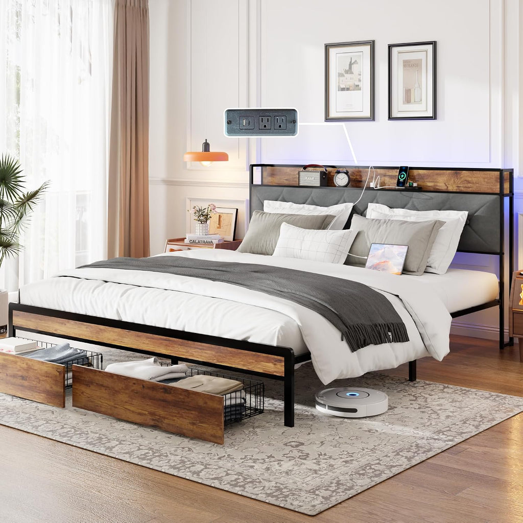 King Size Metal Platform Bed Frame with 2 Storage Drawers, LED Light, Velvet Headboard with USB Port - Heavy Duty, Brown Wooden Panel, No Box Spring Needed - King Bed Frame with Storage (Brown, King)