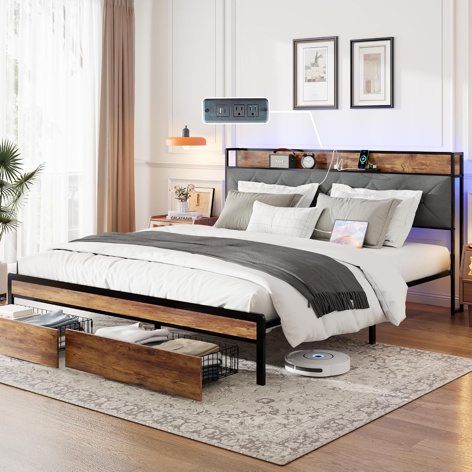 King Size Metal Platform Bed Frame with 2 Storage Drawers, LED Light, Velvet Headboard with USB Port - Heavy Duty, Brown Wooden Panel, No Box Spring Needed - King Bed Frame with Storage (Brown, King)