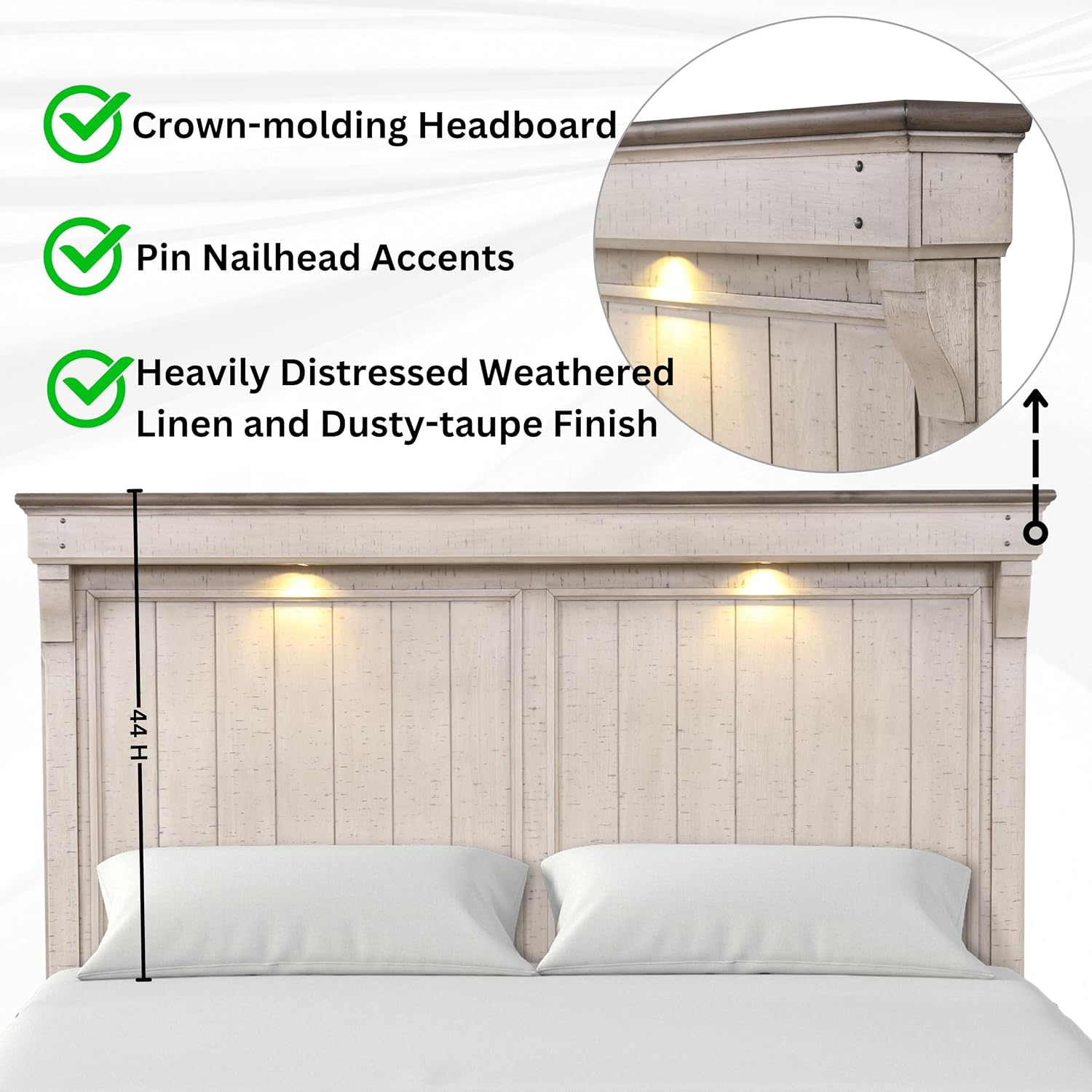 Roundhill Furniture Walcott 4-Piece Bedroom Set with Touch LED Lighting, Weathered Dusty-Taupe Finish, King