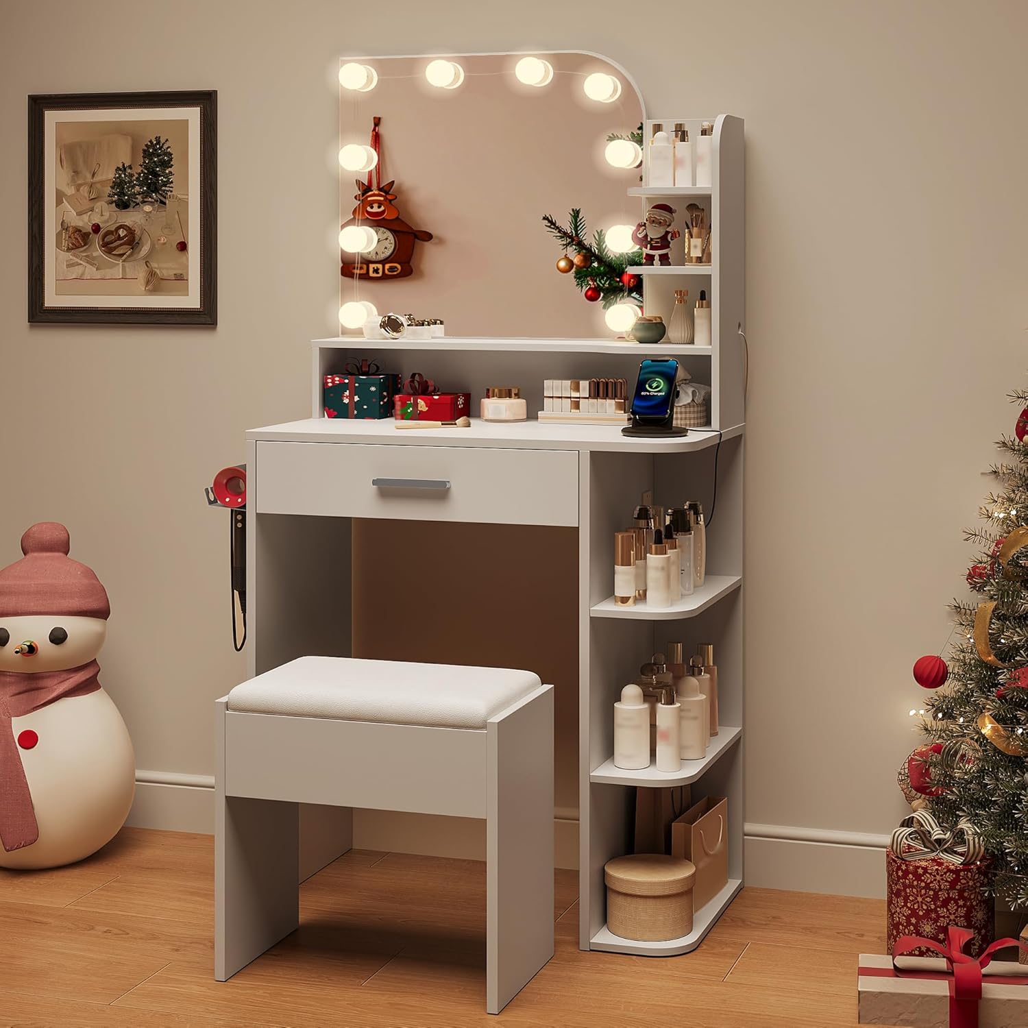 wanan Makeup Vanity with Chair, Small Vanity Desk with Mirror and Lights 3 Colors, Girls Vanity Set with Power Outlet, Compact Vanity Table for Small Space, White
