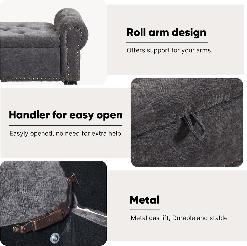 51' Storage Bench for Bedroom, Chenille End of Bed Bench, Queen Size Bench with Rolled Arms, Tufted Storage Ottoman Benches, Upholstered Bench for Bedroom, Living Room, Entryway, Dark Grey