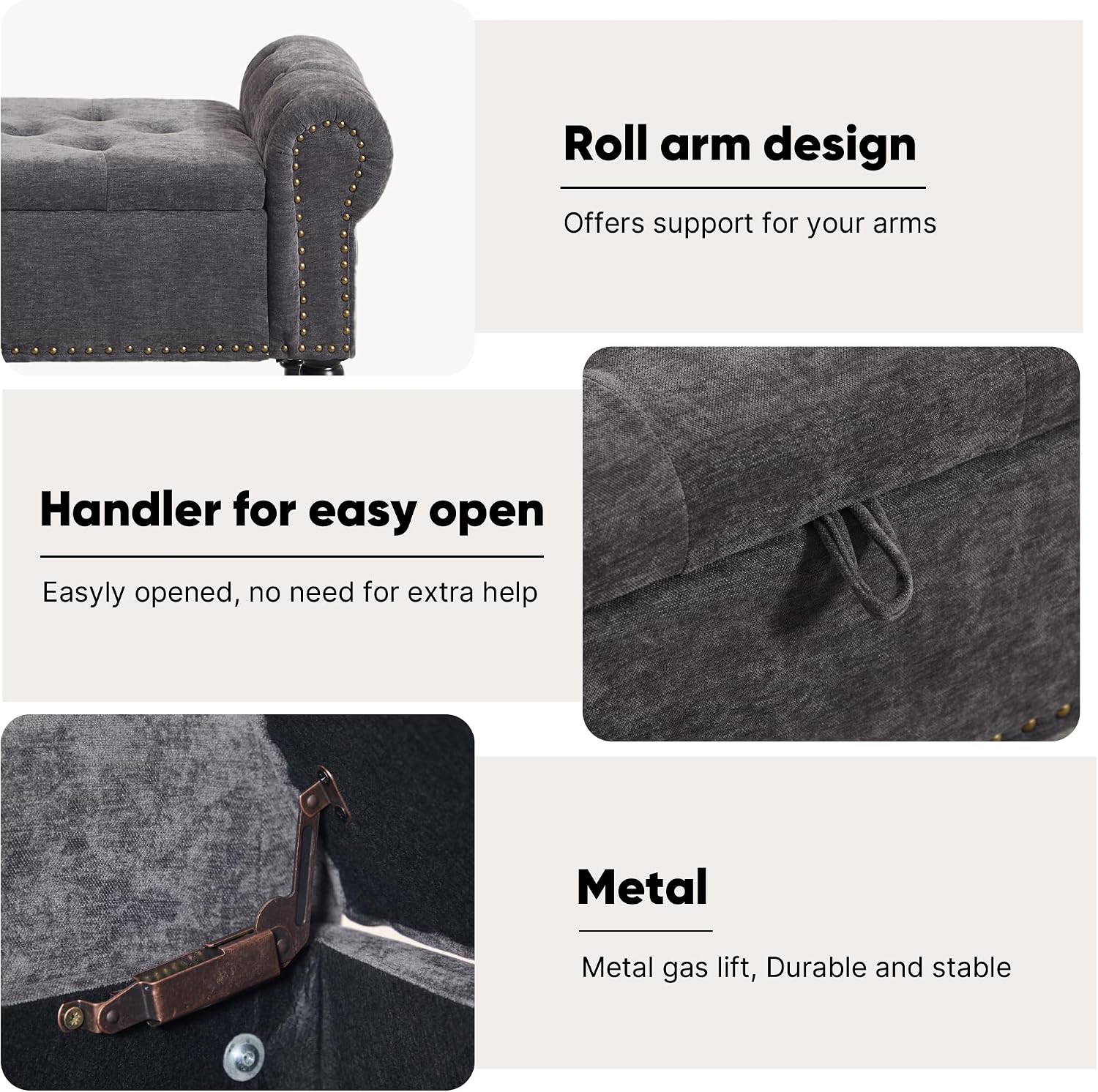 51' Storage Bench for Bedroom, Chenille End of Bed Bench, Queen Size Bench with Rolled Arms, Tufted Storage Ottoman Benches, Upholstered Bench for Bedroom, Living Room, Entryway, Dark Grey