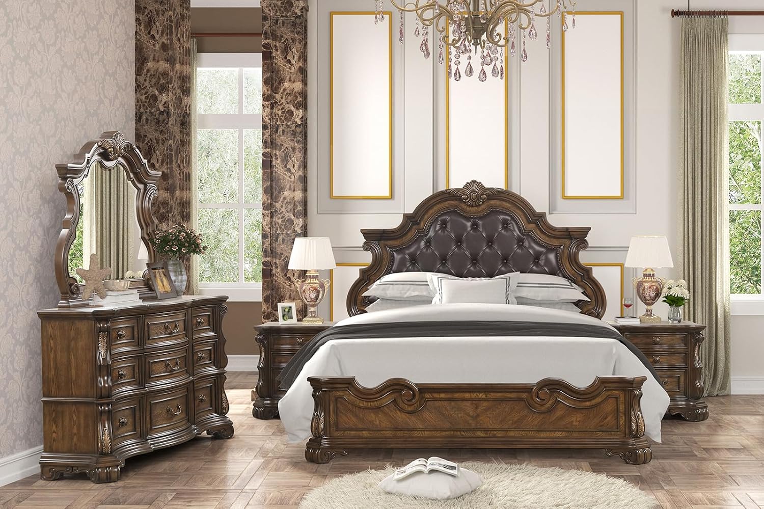 MASARA 3-Piece Traditional Bedroom Set, Queen/King Bed with 2 Nightstands, Dark Brown, Asian Hardwood with Tufted Leatherette Headboard, Ornate Carved Details (Queen)
