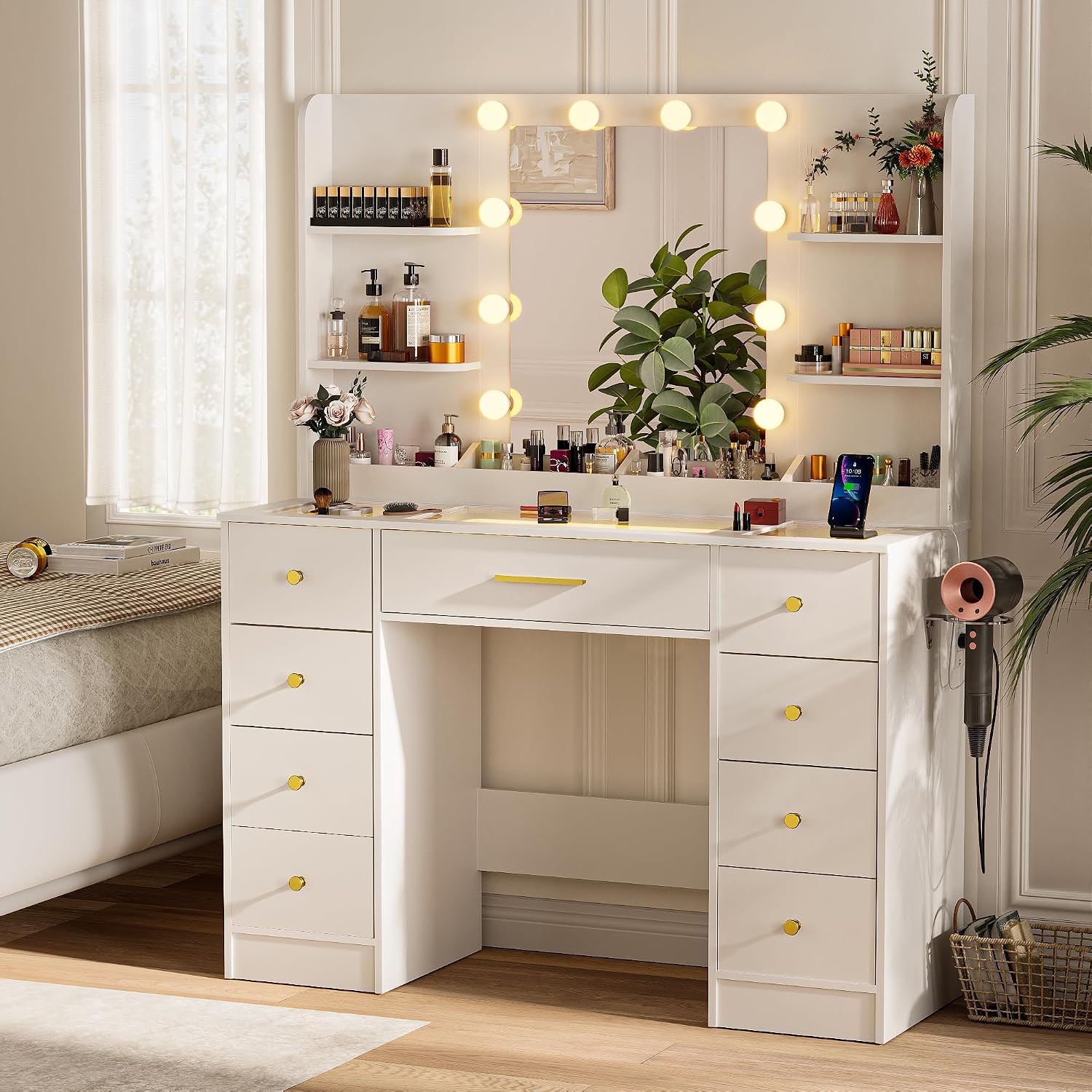 LAKEMID Vanity Desk with Mirror and Lights,Large Makeup Vanity Table Transparent Glass Top with 9 Drawers & Power Outlet,3 Lighting Modes,White Vanity Desk Dressing Table for Women Bedroom