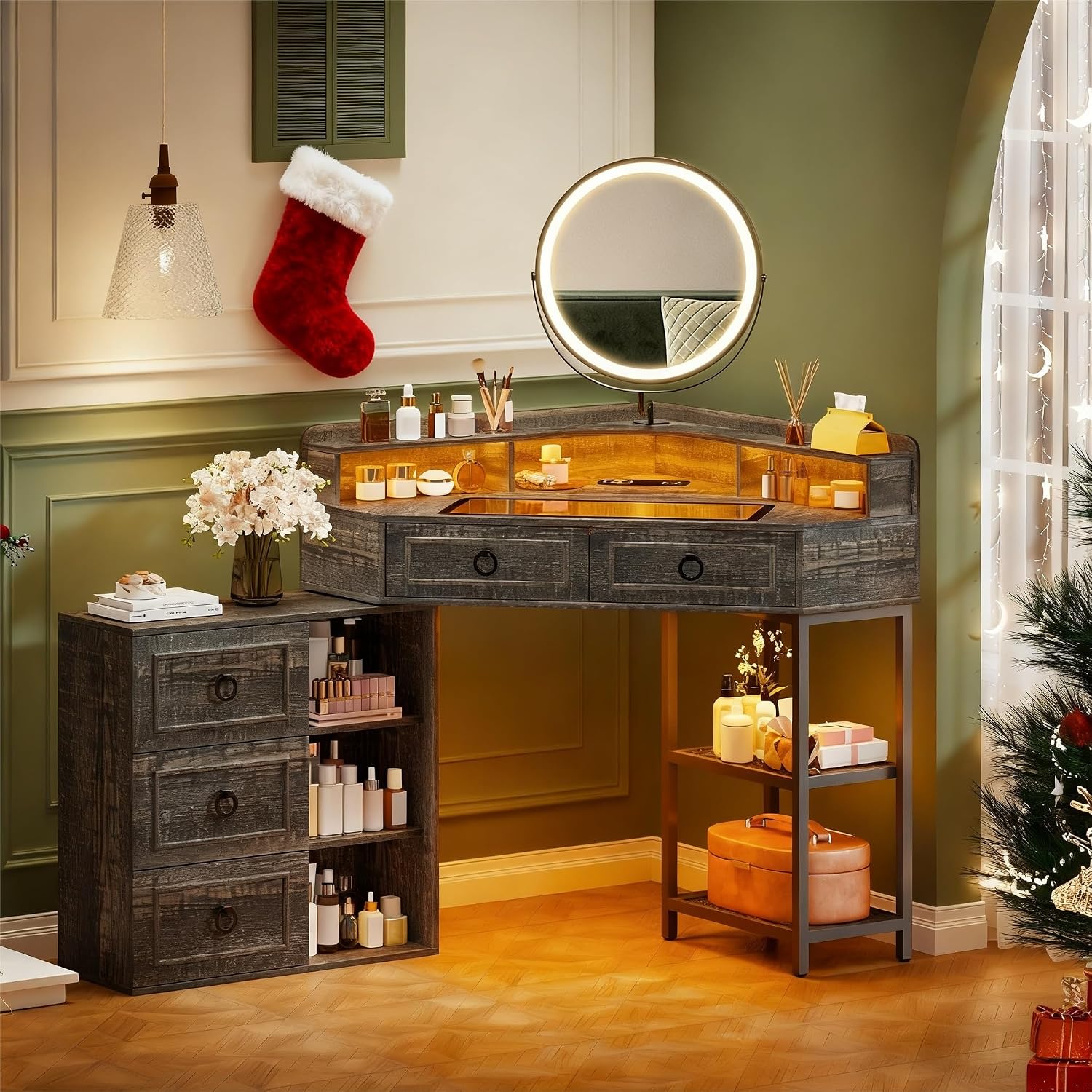 Lvifur Corner Vanity Desk with Mirror and Lights,Brown Corner Makeup Vanity with Charging Station, 3 Color Led Light Settings, 5 Drawers, and Open Shelves for Bedroom, Women, and Girls