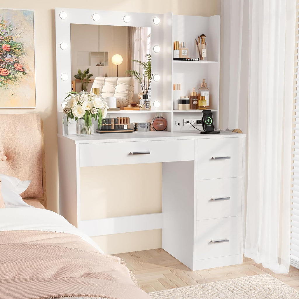 Furmax Vanity Desk with LED Lighted Mirror&Power Outlet, 39.3'' Makeup Vanity Table with 4 Drawers and 3 Storage Shelves, Adjustable 3 Lighting Colorfor Bedroom&Dressing Room (White)