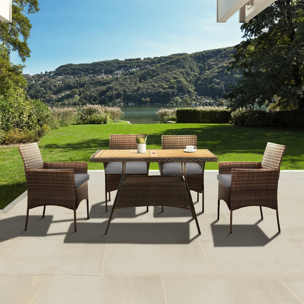 Teamson Home Outdoor 5-Piece PE Rattan and Acacia Wood Patio Dining Set with Four Chairs and Table, Brown