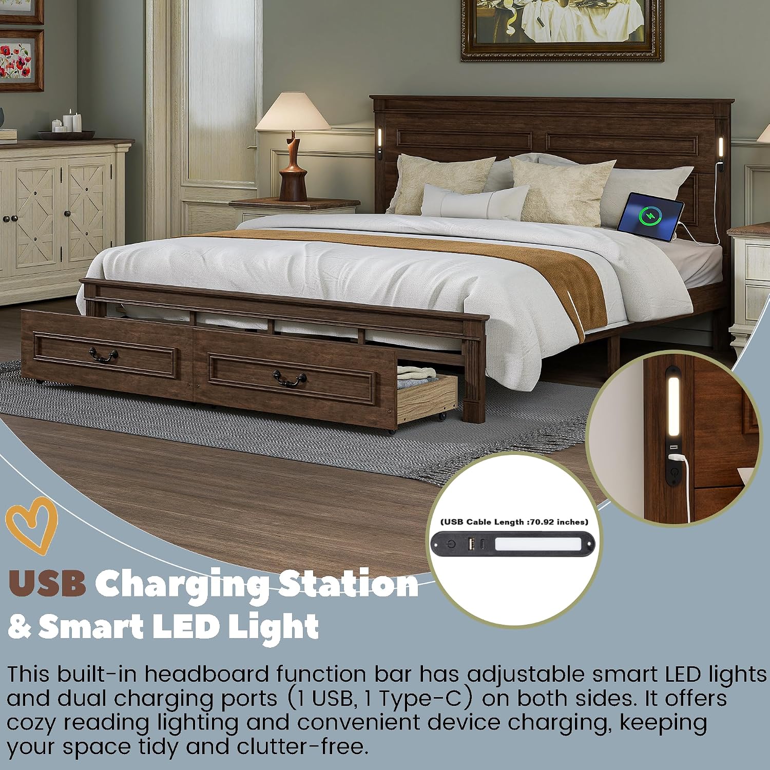 King Bed Frame with 46' Tall Headboard, Farmhouse Solid Wood King Size Platform Bed with 2 Storage Drawers,LED Lights & USB Charging Station,No Box Spring Needed, Walnut