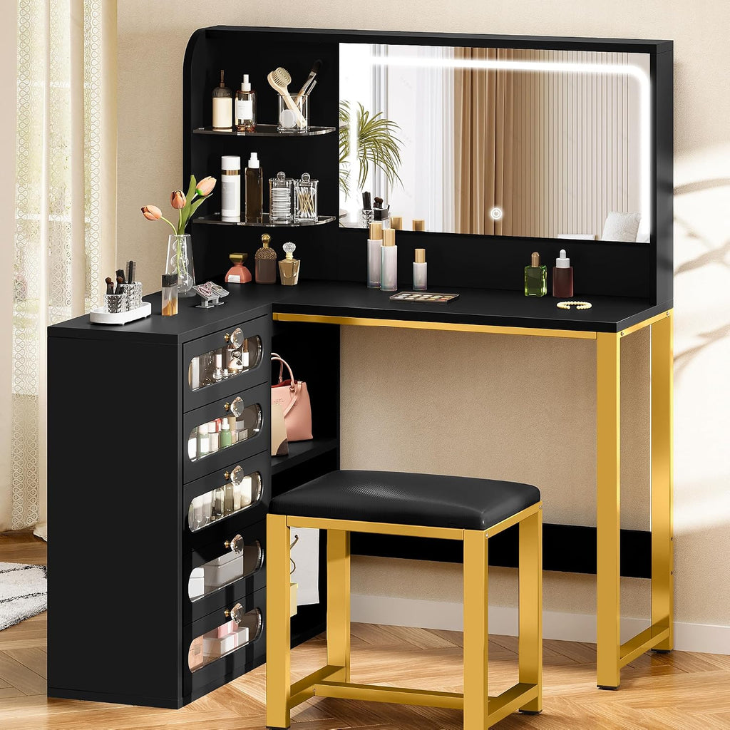 DWVO Vanity Desk with Light and Mirror, 3 Lighting Modes, L-Shaped Corner Vanity Table, 48' Large Dressing Table with 5 Tempered Glass Drawers with Open Storage Shelves