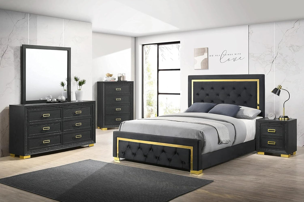 Modern Glam Beautiful 5pc Master Bedroom Set King Size Panel Bed Furniture Gold Black Finish