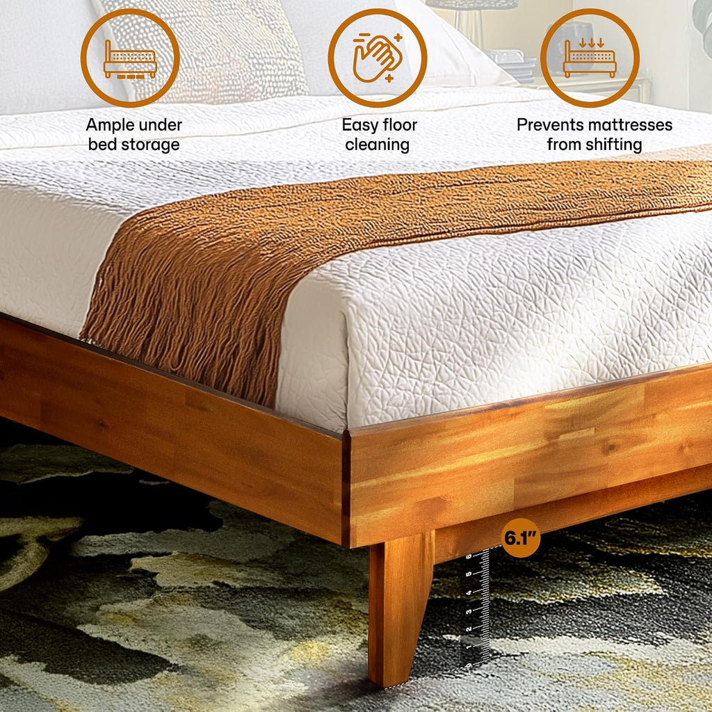Acacia Aurora King Bed Frame with Headboard & Serena Nightstand Set – Solid Wood Platform Bed & Bedside Table, Caramel Finish