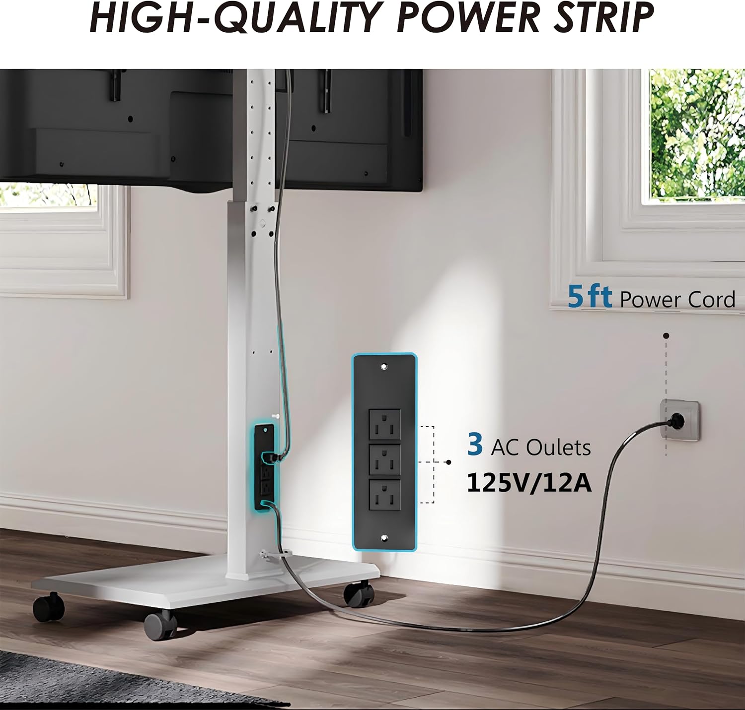 FITUEYES Rolling TV Stand with Power Strip - Mobile TV Stand for 32-75 Inch TVs, Landscape to Portrait Rotating, ±20° Swiveling, Height Adjustable TV Cart Hold Up to 88 Lbs Max VESA 400x600mm