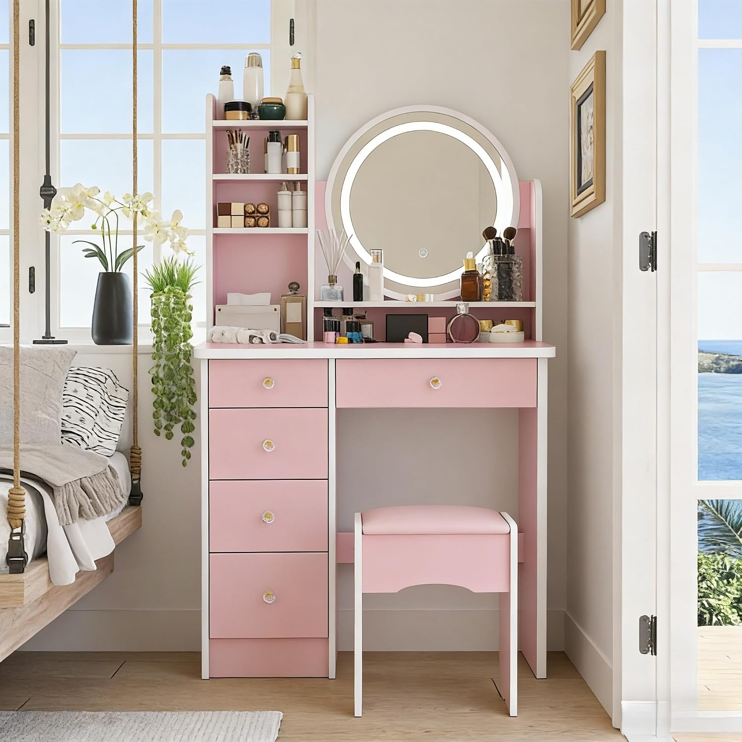 FUFU&GAGA Pink Vanity Set with Round Lighted Mirror, Makeup Vanity Bedroom Dressing Table with 5 Drawers, Shelves, Dresser Desk and Cushioned Stool