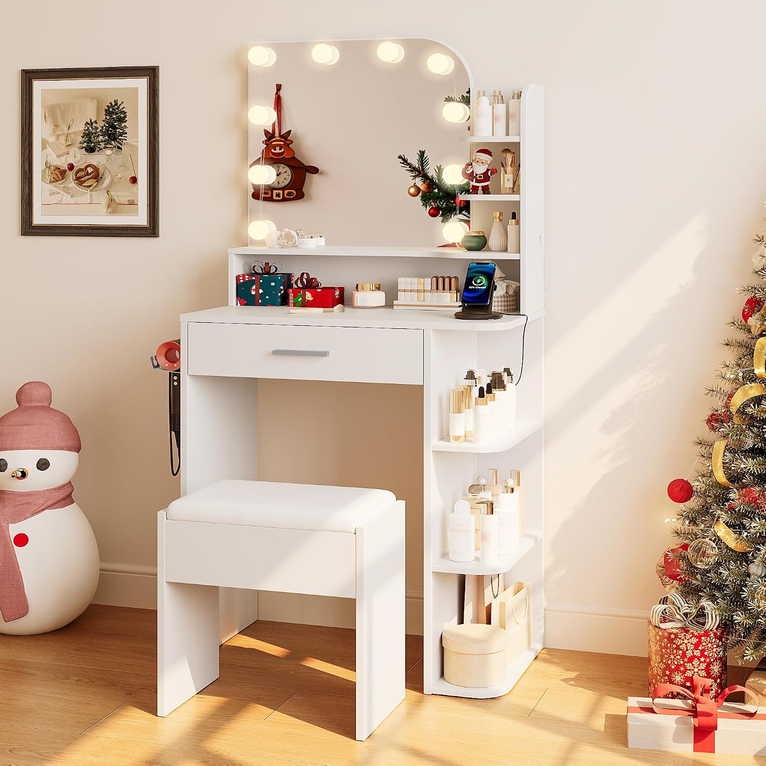 wanan Makeup Vanity with Chair, Small Vanity Desk with Mirror and Lights 3 Colors, Girls Vanity Set with Power Outlet, Compact Vanity Table for Small Space, White