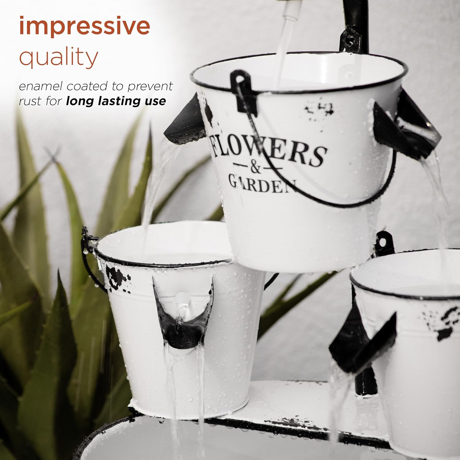 Alpine Corporation YHL424 36' Outdoor Floor Buckets with Faucet Water Fountain – Vintage Buckets Garden Water Feature, Charming Outdoor Fountain for Patio & Yard, White