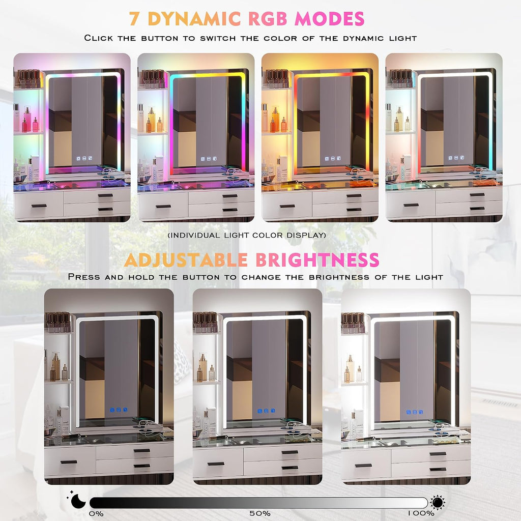 HNEBC Vanitys with HD Glass Display Table, Makeup Desk with Lighted Mirror and Charging Station, Dressing Table with RGB Lights,Jewelry Organizer,Cabinet,6Drawers,Chair for Women/Girls (White)