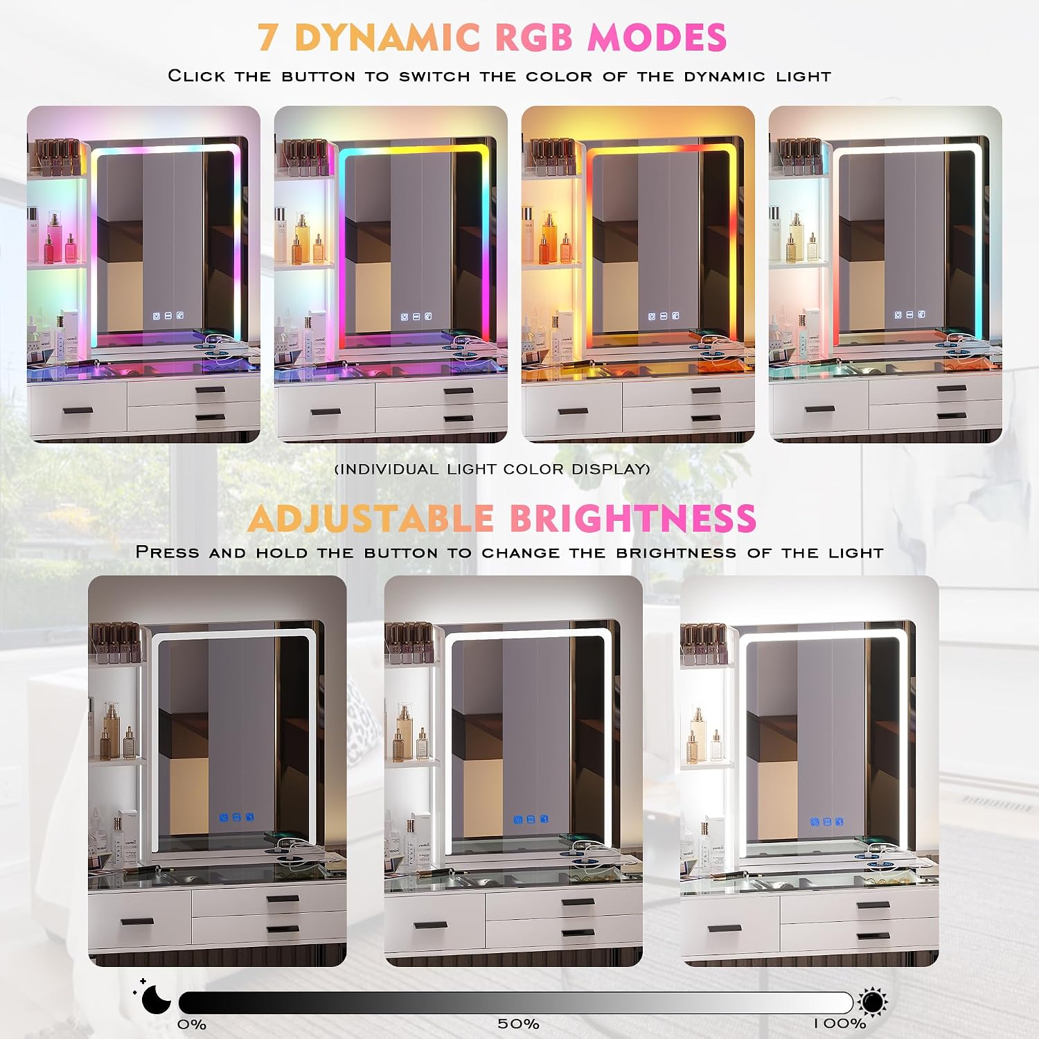 HNEBC Vanitys with HD Glass Display Table, Makeup Desk with Lighted Mirror and Charging Station, Dressing Table with RGB Lights,Jewelry Organizer,Cabinet,6Drawers,Chair for Women/Girls (White)