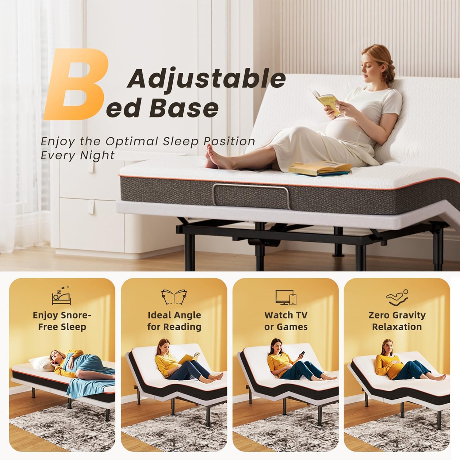 Electric Queen Adjustable Bed Frame with Wireless Remote, Head Foot Incline, USB, Underbed Light - Heavy Duty Platform, Easy Assembly, Zero Gravity - Bedframe Basic with Quiet Motor