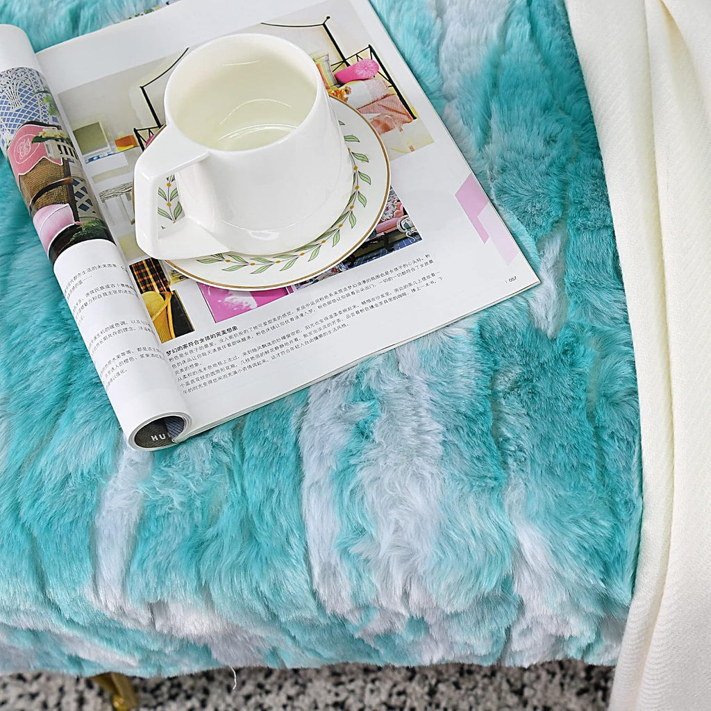 Blue Rectangle Long Bench Soft Faux Fur Ottoman 46'x16'x22' Sturdy Accent Furry Footrest Stool for Bedroom at The End of Bed Fuzzy Coffee Table for Living Room Closet Entryway Golden Legs