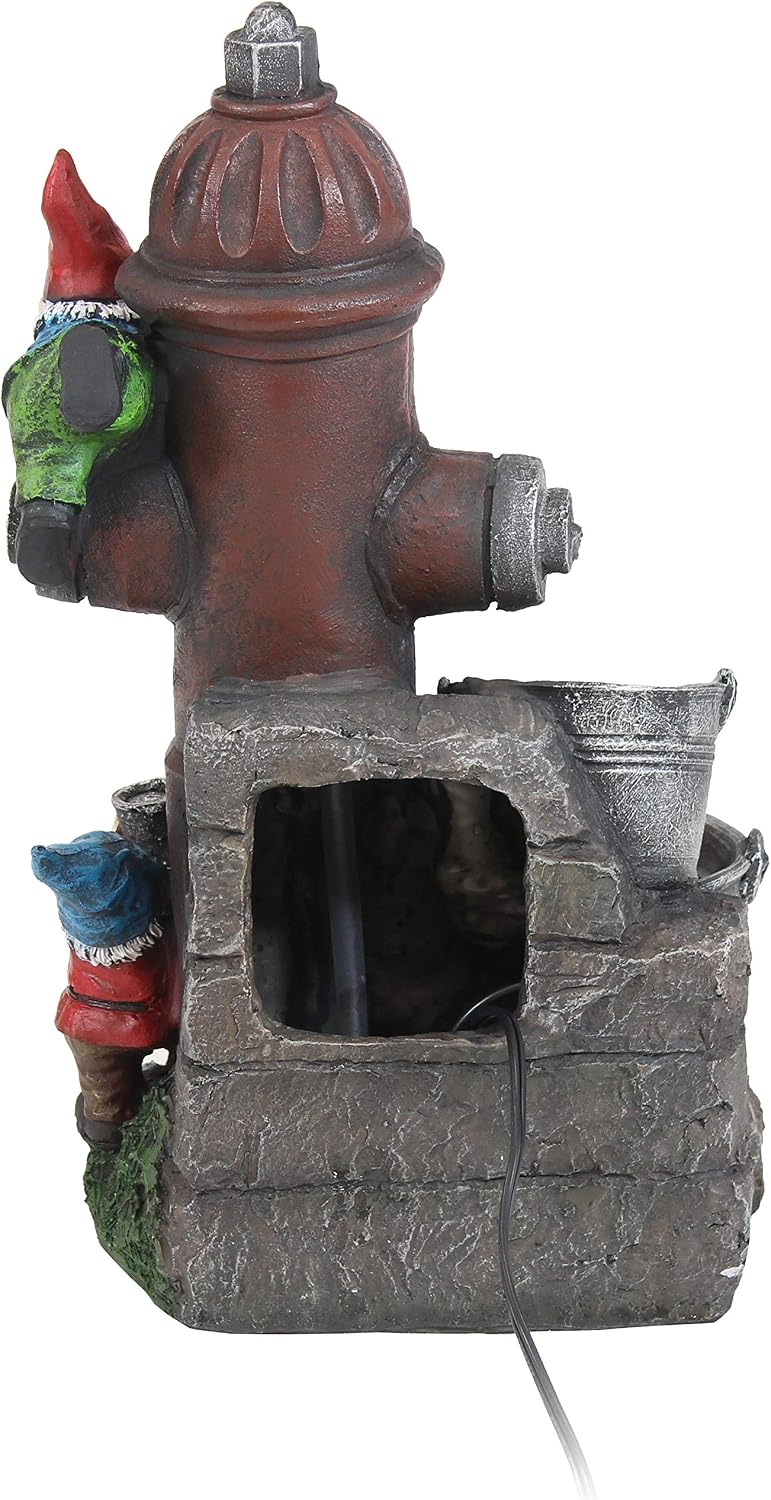 Sunnydaze Fire Hydrant Gnomes 16-Inch Outdoor Water Fountain with LED Light - Submersible Electric Pump - Polyresin