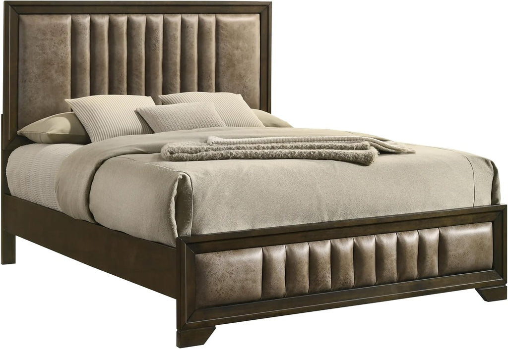 Kings Brand Furniture 2-Piece Boudin Walnut Bedroom Set – Wood Bed Frame with Upholstered Headboard and Footboard, 1 Nightstand (Queen)