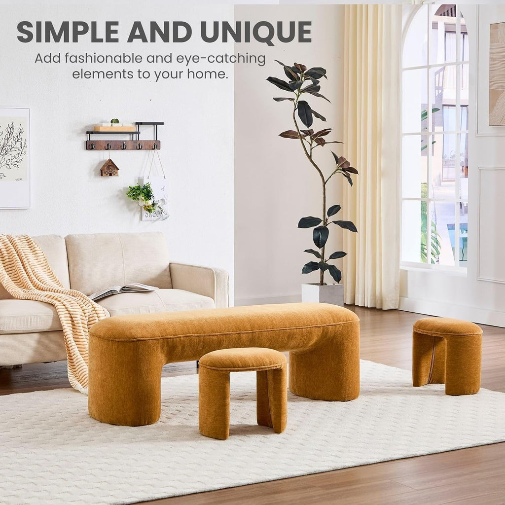 3-Piece Nesting Ottoman Bench Set, 53' Chenille Upholstered End of Bed Bench with 2 Foot Stools, Modern Space-Saving Entry & Vanity Stools for Living Room & Bedroom, Mustard Yellow