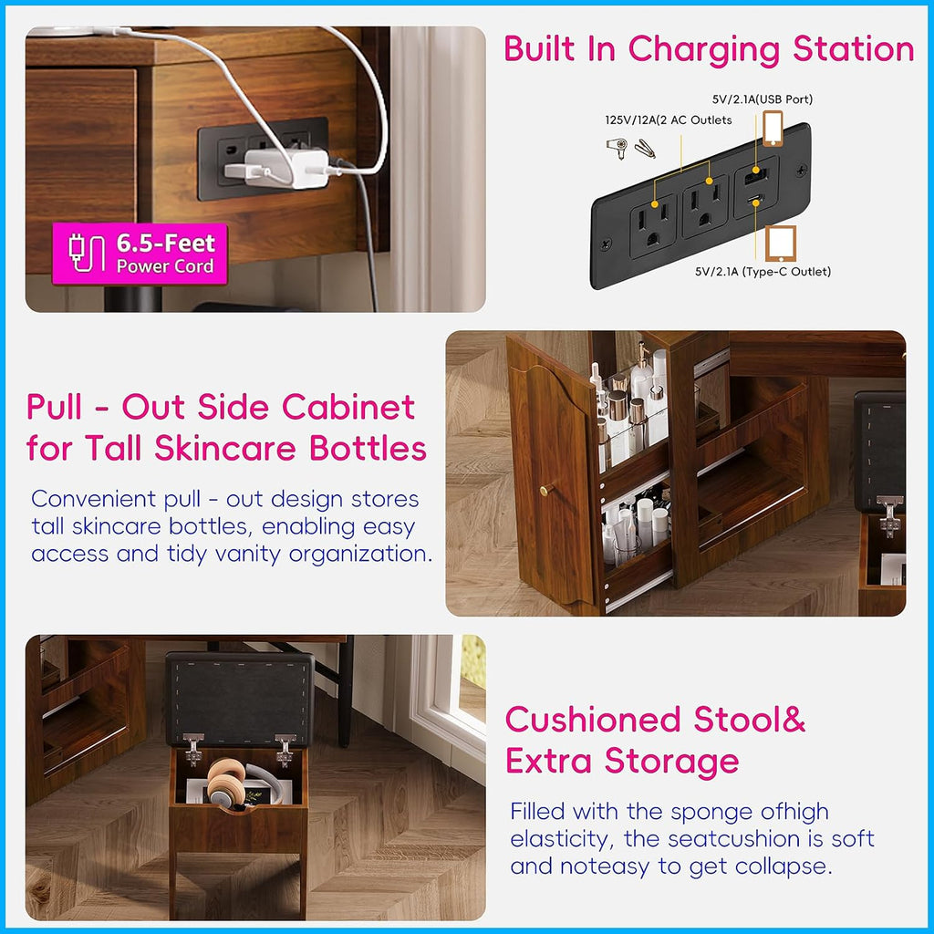 Corner Vanity Desk with Storage Stool Triangle Makeup Desk with Removable Pull-Out Side Cabinet Glass Tabletop Dressing Table with Drawer and Shelf for Bedroom, Walnut