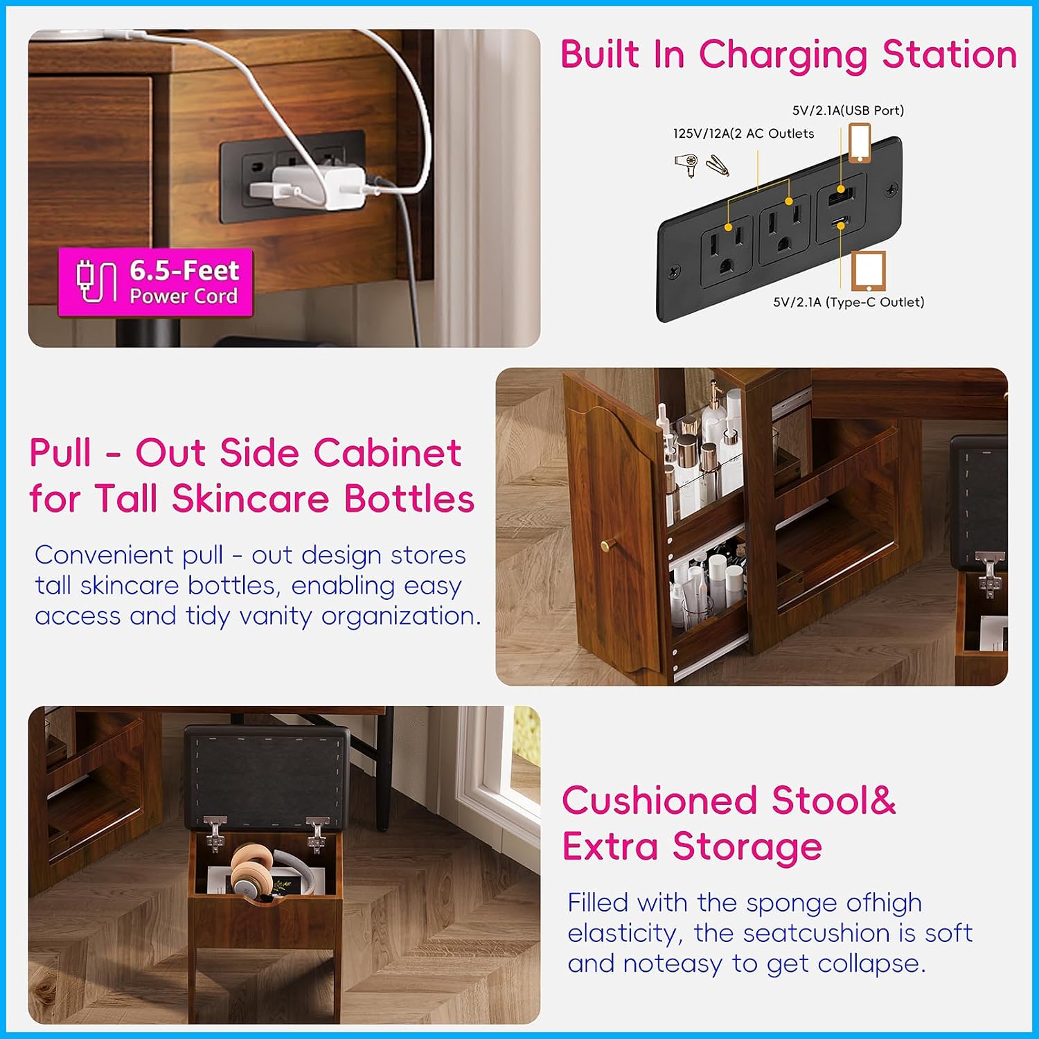 Corner Vanity Desk with Storage Stool Triangle Makeup Desk with Removable Pull-Out Side Cabinet Glass Tabletop Dressing Table with Drawer and Shelf for Bedroom, Walnut