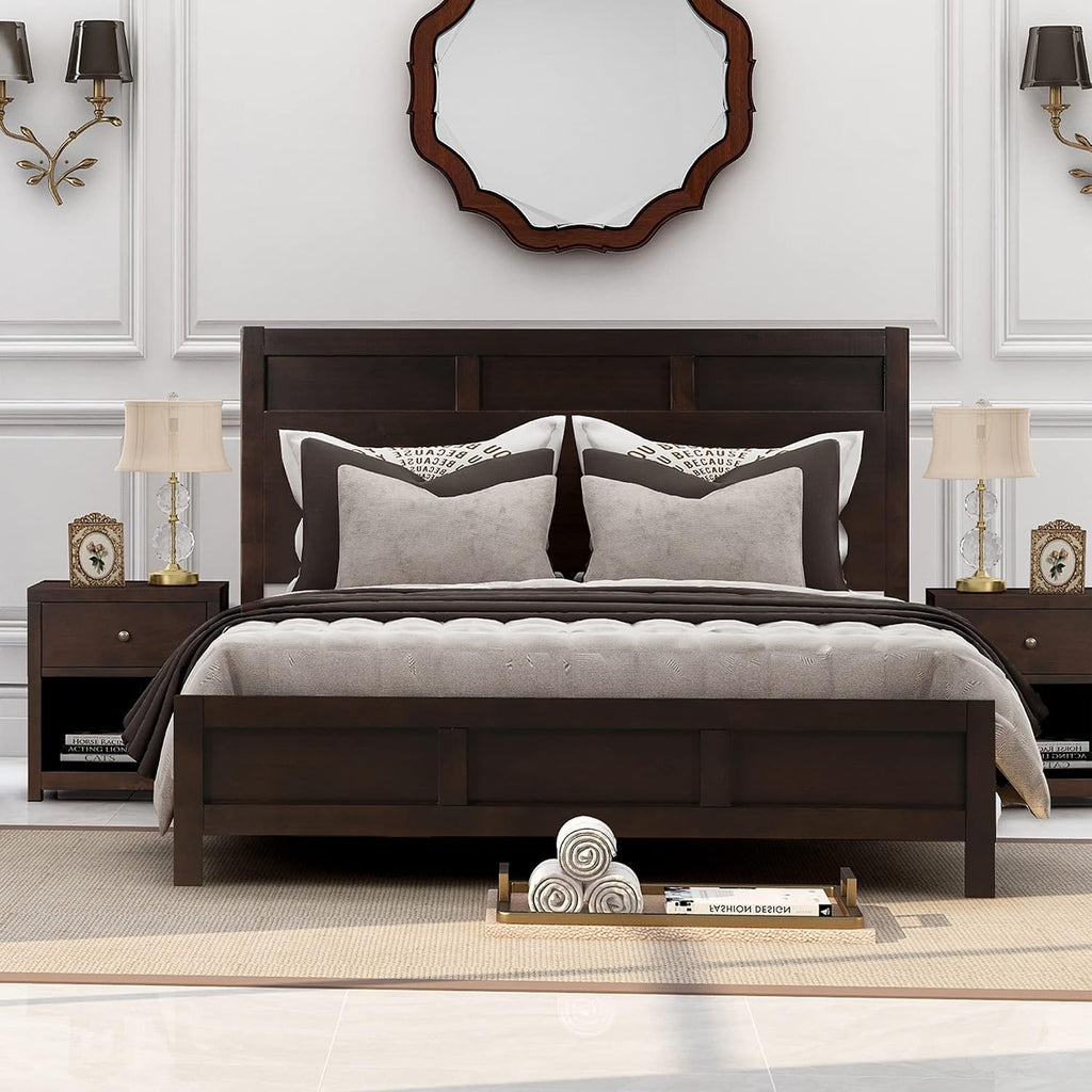 3 Pieces Queen Size Bedroom Furniture Set, Solid Wood Queen Size Platform Bed + 2 Night Stand, Platform Bed with Center Support Legs, Rustic Inviting Classic Brown, Distressed, Slightly Rustic Look