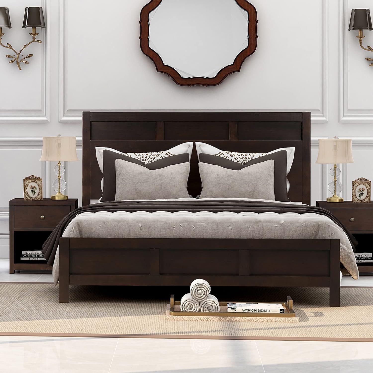 3 Pieces Queen Size Bedroom Furniture Set, Solid Wood Queen Size Platform Bed + 2 Night Stand, Platform Bed with Center Support Legs, Rustic Inviting Classic Brown, Distressed, Slightly Rustic Look