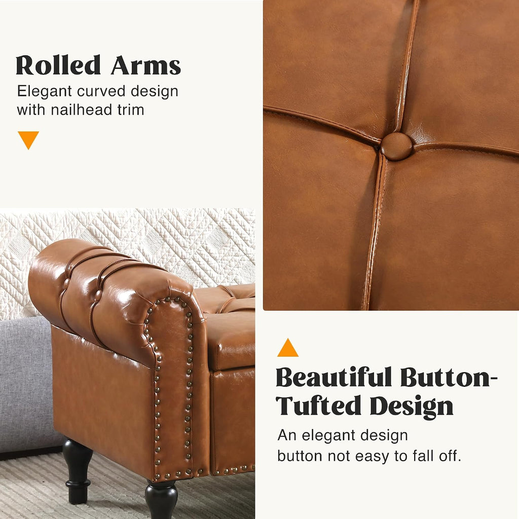 Faux Leather Storage Bench for Bed Room 67 Inch Upholstered Tufted Ottoman Bench with Arms King Size Large Storage Space End of Bed Benches for Bedroom Living Room Entryway Brown