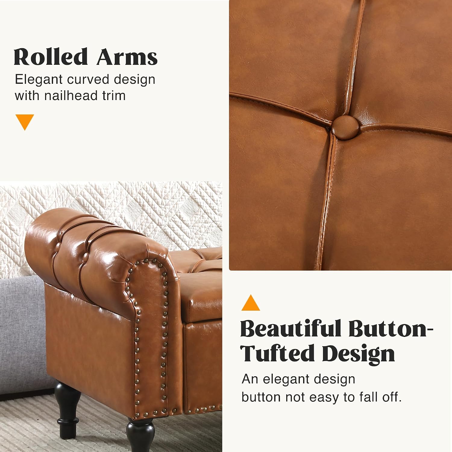 Faux Leather Storage Bench for Bed Room 67 Inch Upholstered Tufted Ottoman Bench with Arms King Size Large Storage Space End of Bed Benches for Bedroom Living Room Entryway Brown