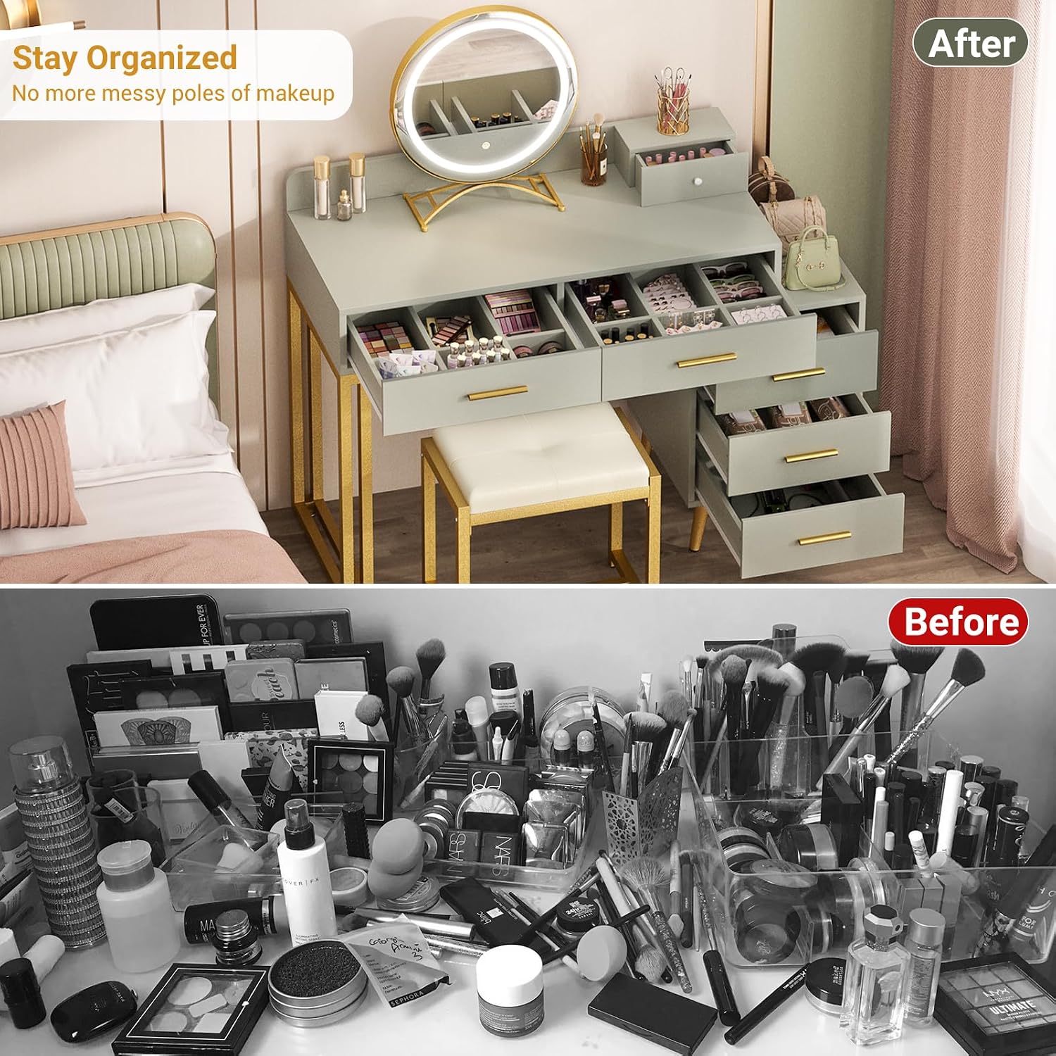 Armocity Vanity Desk with Mirror and Lights, Modern Makeup Vanity Table Set with 6 Storage Drawers and Cushioned Stool for Bedroom, Dressing Table with Divided Organizers for Women Girls, Cyan